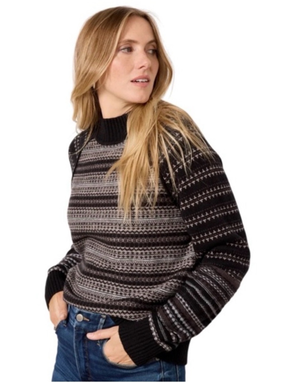 Evereve Lyric Fairisle Pullover Raglan Sleeve Mock Neck Sweater size M black